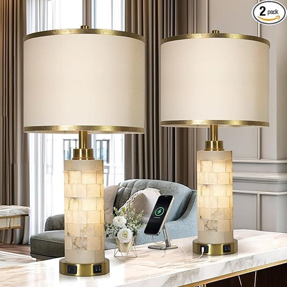Set of 2 Alabaster Table Lamps with USB Ports