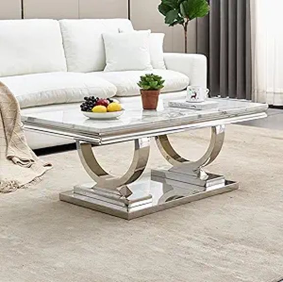 47 Modern White Marble Coffee Table with Steel Pedestal