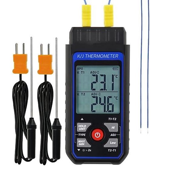 Dual-Channel K/J Thermocouple Thermometer with Alarms