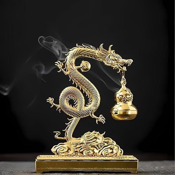 Golden Chinese Dragon Incense Holder with Gourd Decor