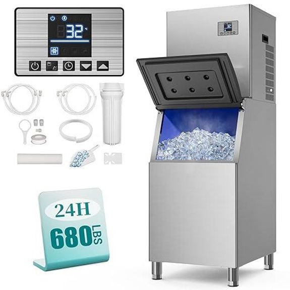 Commercial 680LBS Ice Maker with Storage & Self-Cleaning