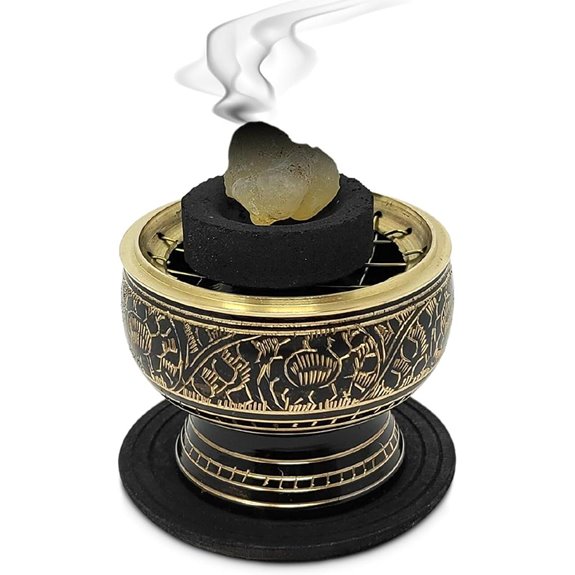 Decorated Brass Charcoal Incense Burner with Wooden Coaster
