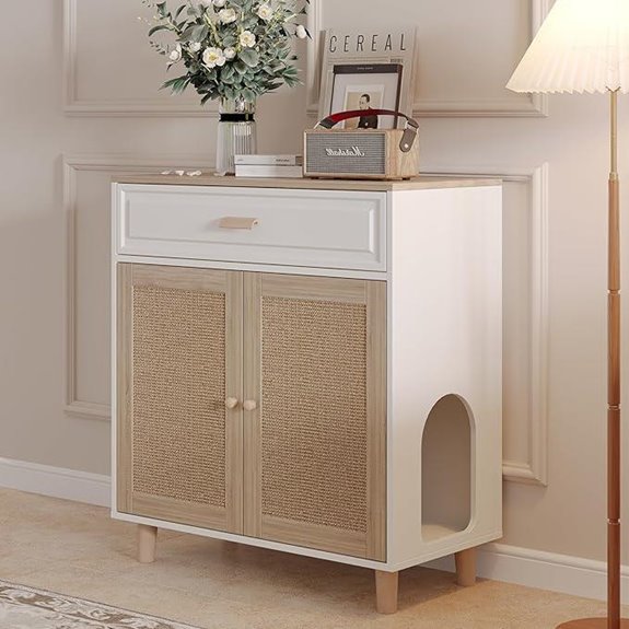 Wooden Cat Litter Box Enclosure with Doors & Scratching